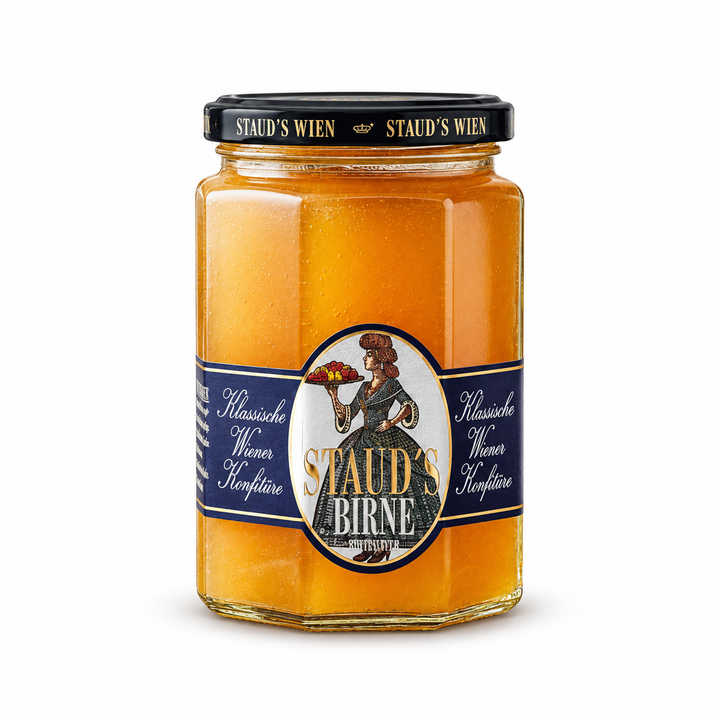 Staud's Pear with Ginger Preserves jar on a white background