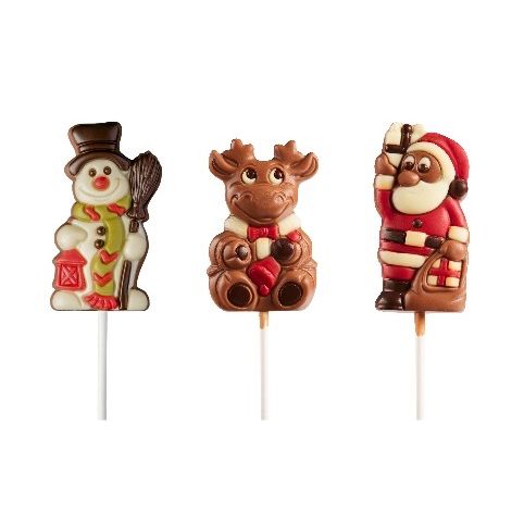 Ickx snowman, reindeer and Santa chocolate lollipops on a white background