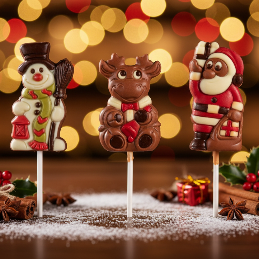 Ickx snowman, reindeer and Santa chocolate lollipops displayed with festive lights and small gifts