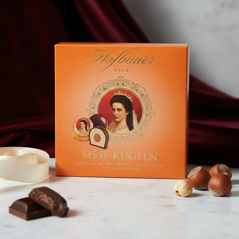 Hofbauer Sisi Pralines 200 g orange gift box with chocolates and hazelnuts