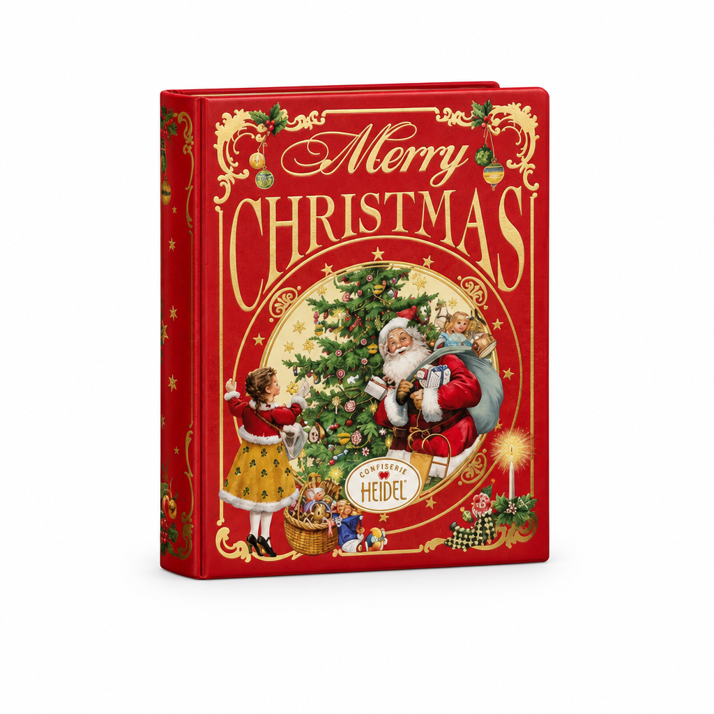 Heidel Christmas Nostalgia book tin filled with milk chocolate bars on a white background