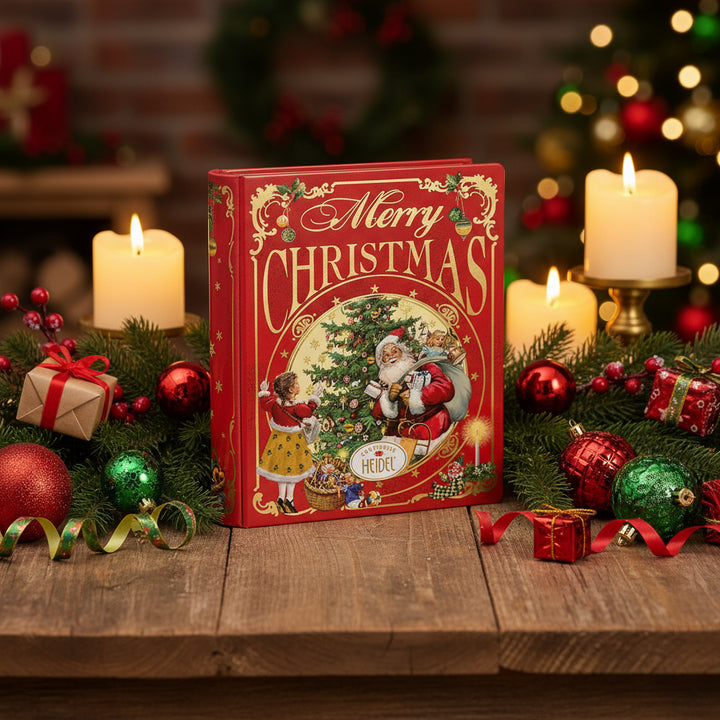 Heidel Christmas Nostalgia book tin with milk chocolate bars in a holiday scene