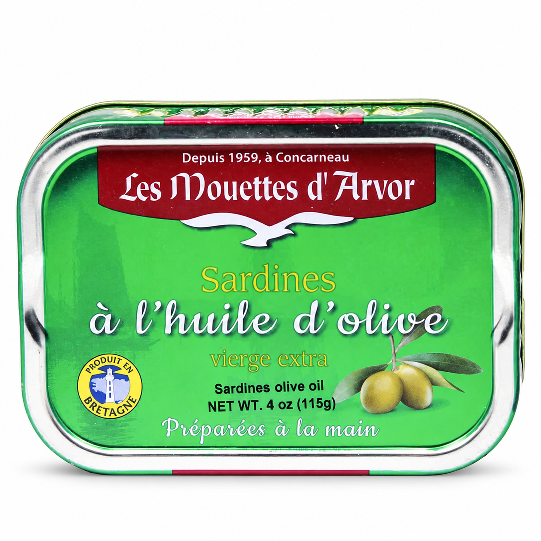 Mouettes d'Arvor Small Sardines (Sardinettes) in Extra Virgin Olive Oil on a white background