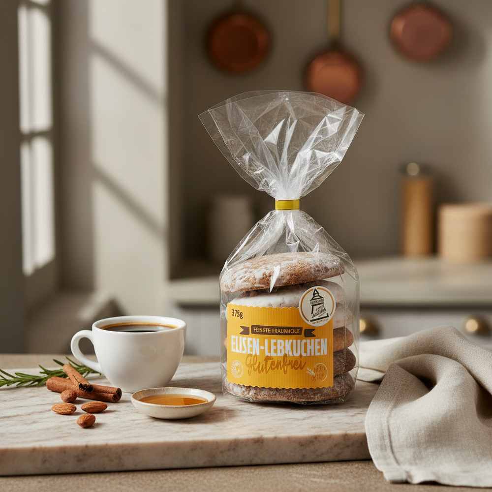 Fraunholz Gluten Free Assorted Elisen Lebkuchen, 375 g bag displayed with coffee