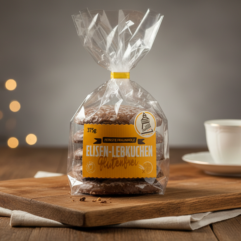 Fraunholz Gluten Free Elisen Lebkuchen with Sugar Glaze, 375 g bag displayed with coffee