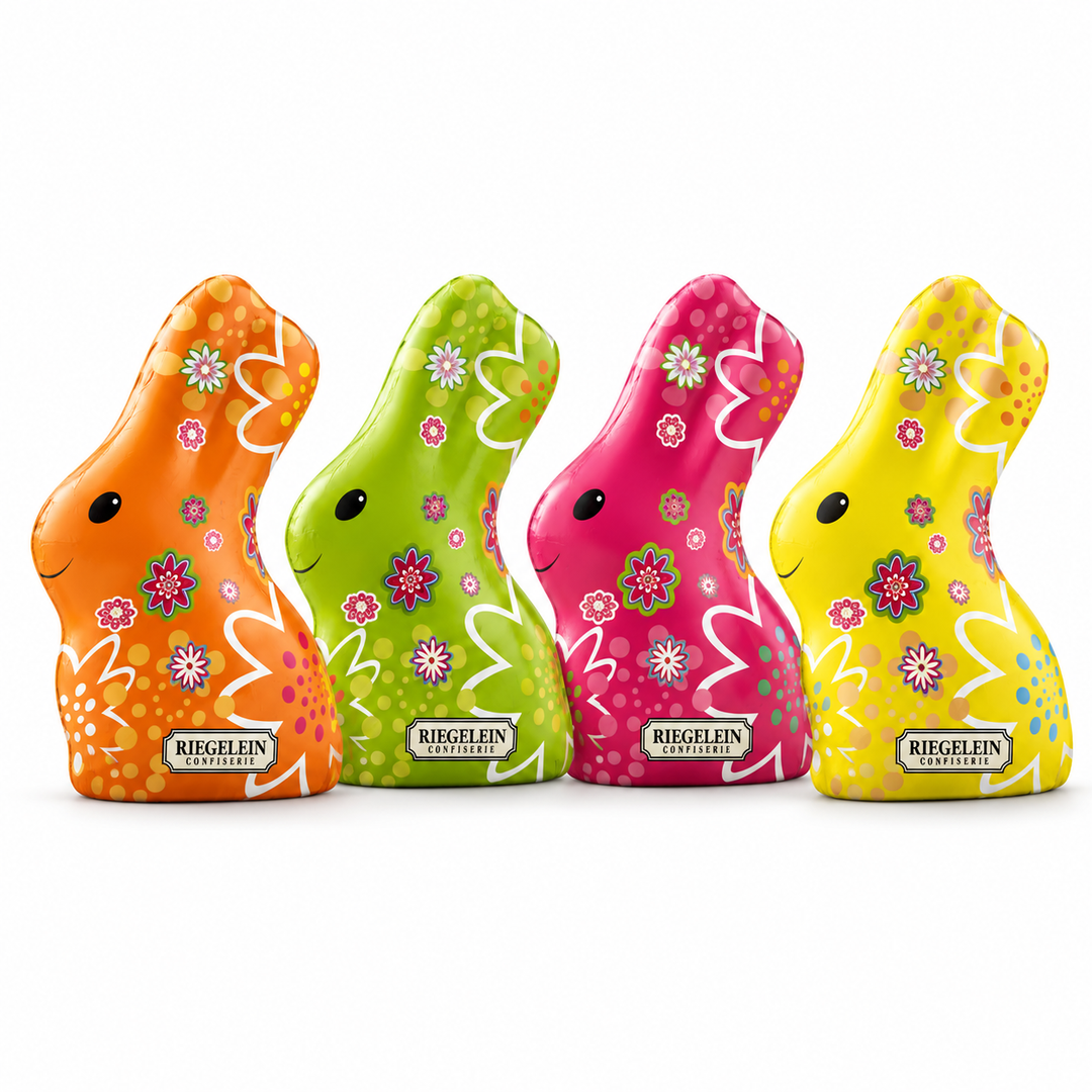 Riegelein Milk Chocolate Easter Bunny assortment on a white background