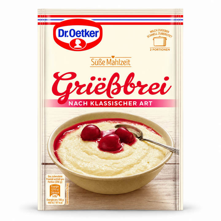 Dr. Oetker Grießbrei Semolina Pudding pouch on a white background