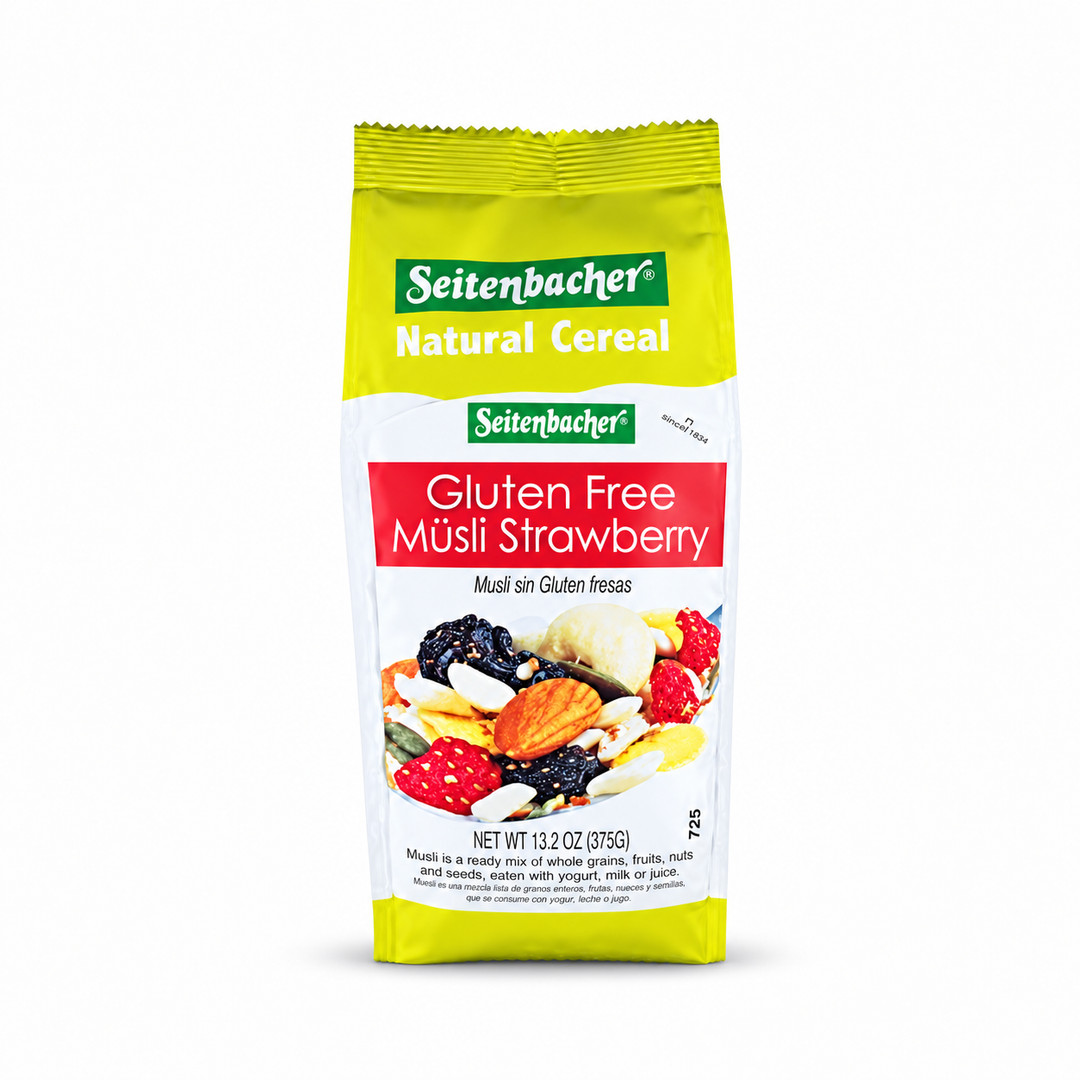 Seitenbacher #7 GF Muesli with Strawberry — product packaging centered on a white background