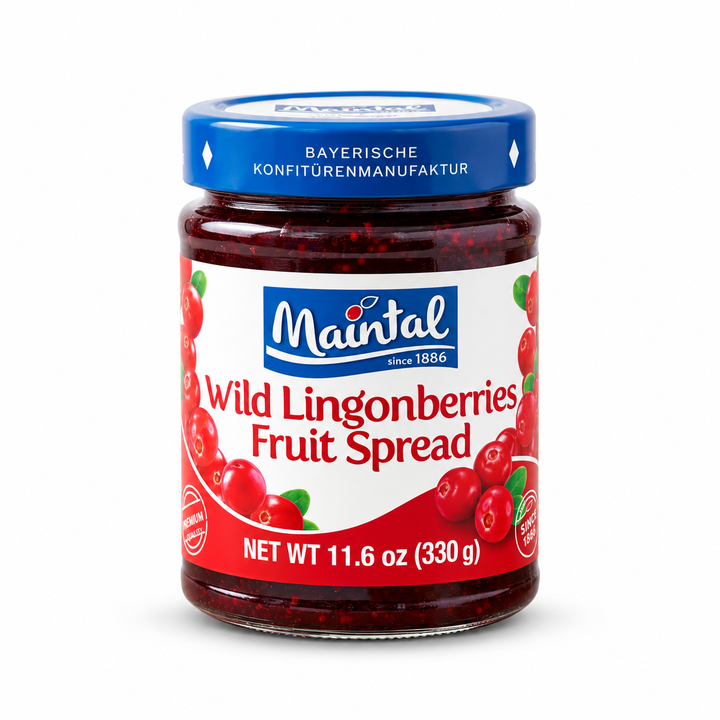 Maintal Wild Lingonberry Fruit Spread — product packaging centered on a white background