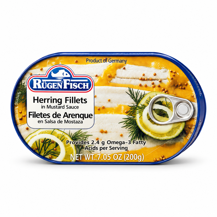 RugenFisch Herring Fillets in Mustard Sauce — product packaging centered on a white background