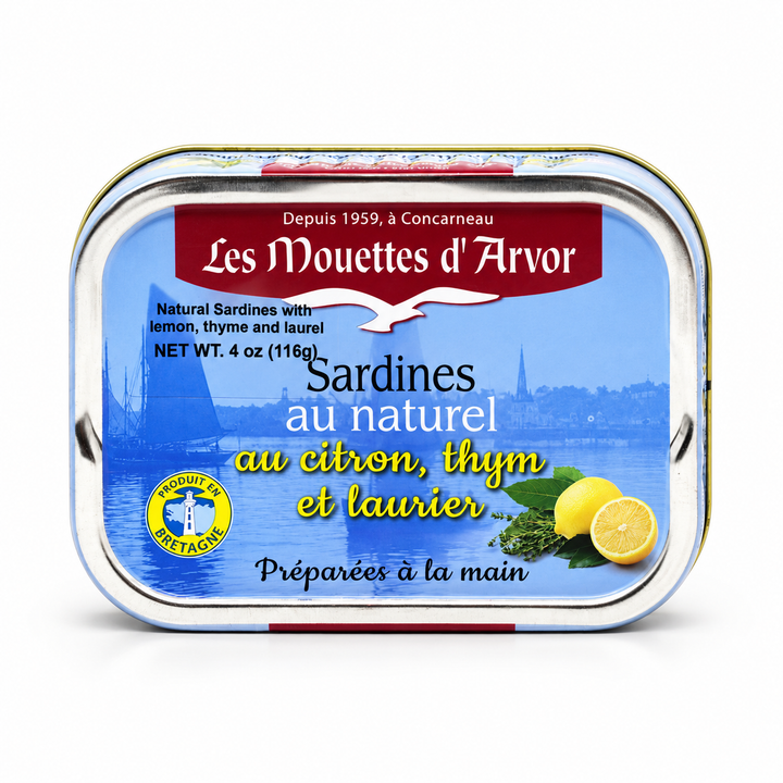 Mouettes d'Arvor Sardines in Water w/ Lemon Thyme & Laurel — product packaging centered on a white background