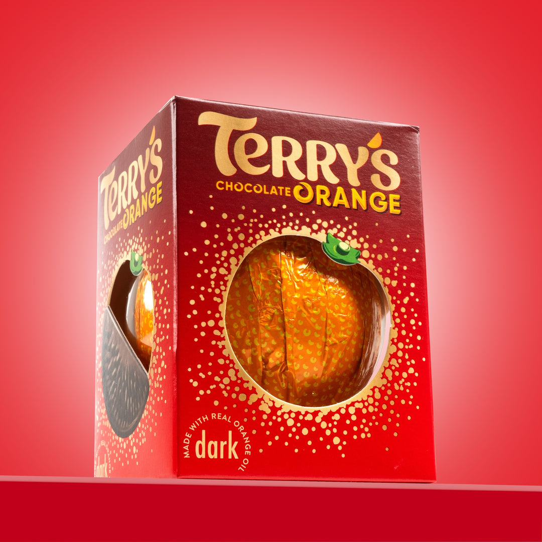 Terry's Dark Chocolate Orange box displayed on a red background