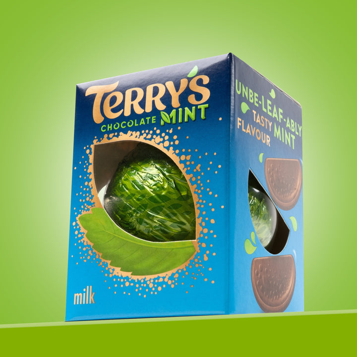Terry's Milk Chocolate Mint Ball package displayed on a green background
