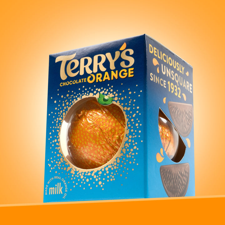 Terry's Original Milk Chocolate Orange box displayed on an orange background