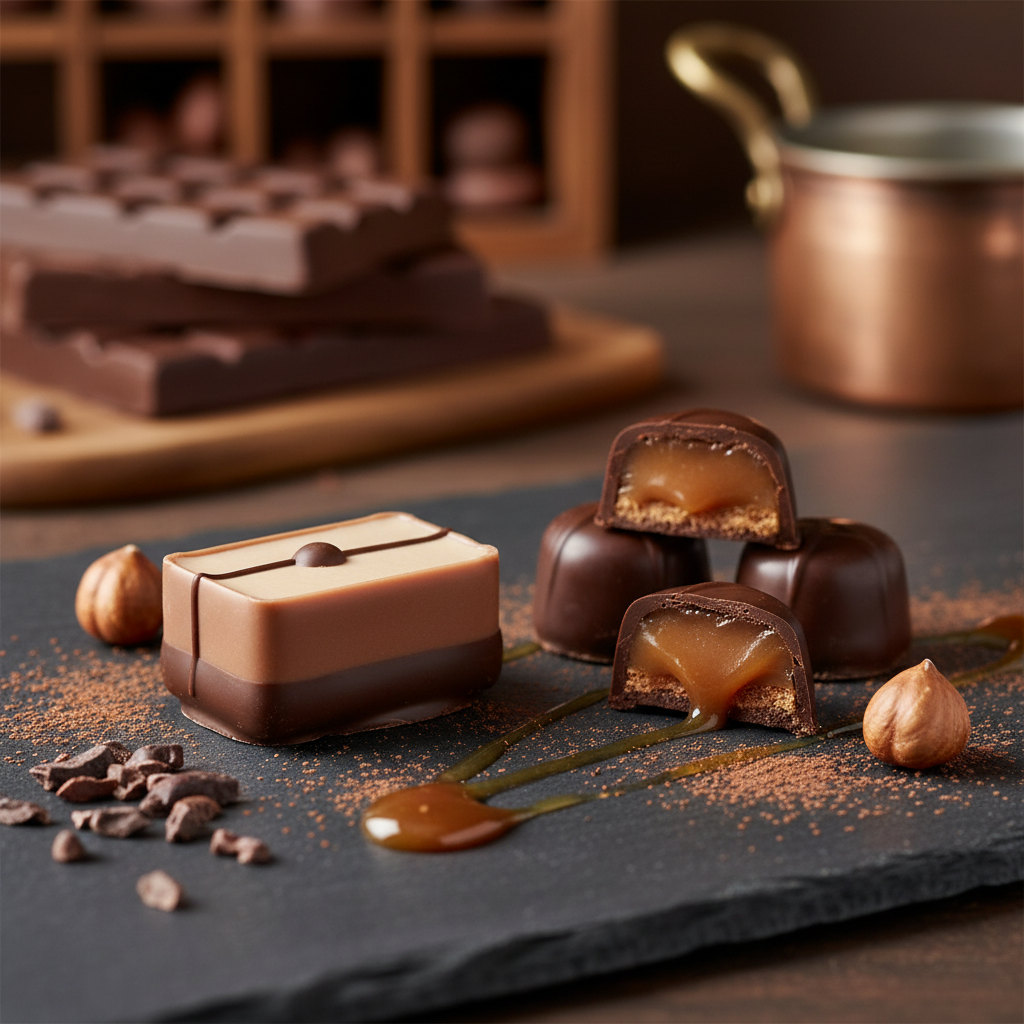 Ickx Picasso apricot amaretto praline with a two-tone chocolate shell beside cut-open chocolates