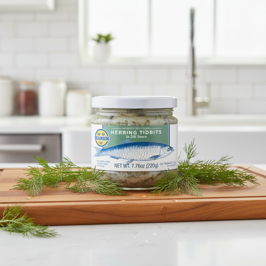 Jar of Skansen herring tidbits in dill sauce on a white background