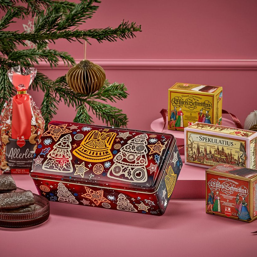 Lebkuchen Schmidt Christmas Chest 2026 red tin with packaged gingerbread assortment in a holiday scene