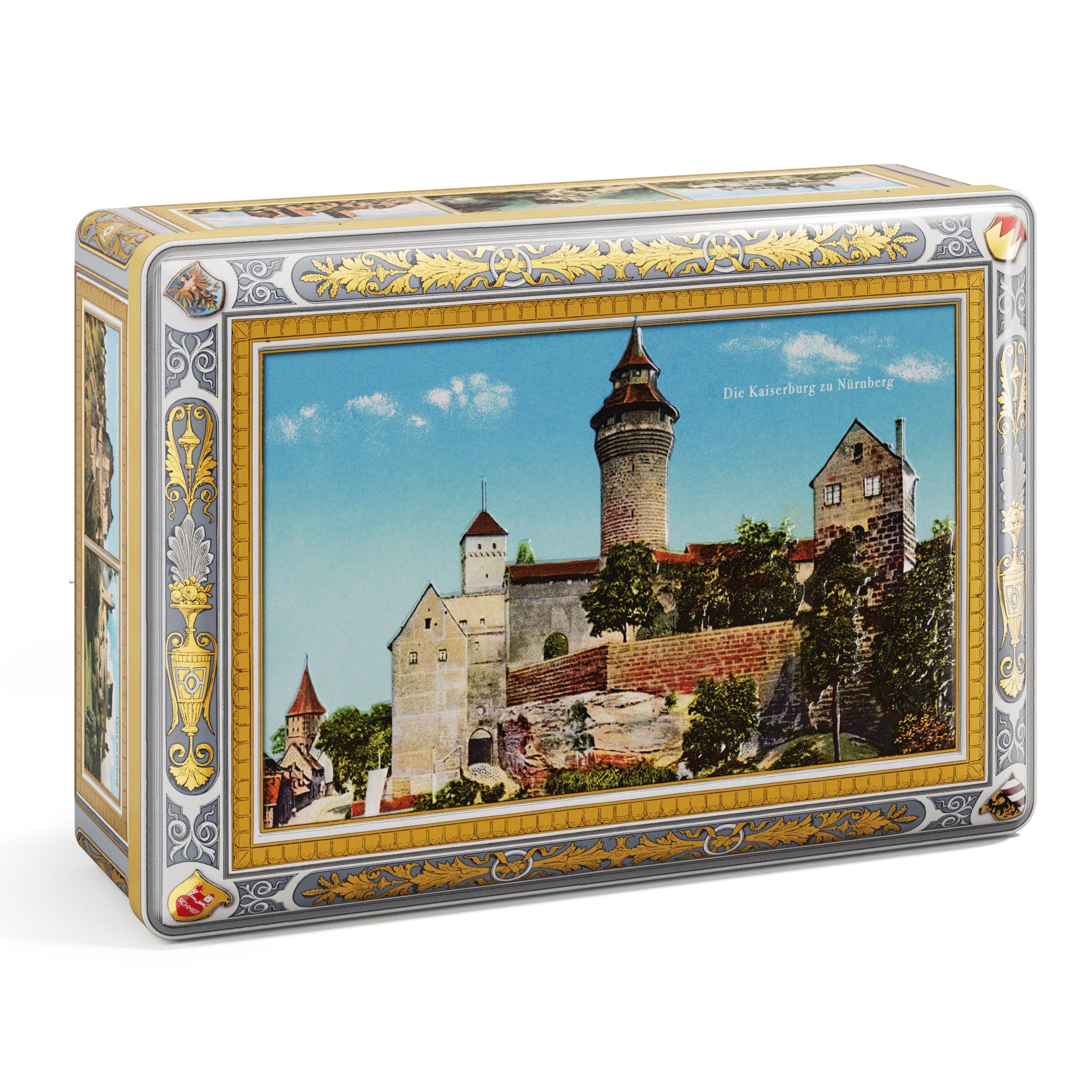 Lebkuchen Schmidt Gift Chest 2026 blue Nuremberg castle tin, front view