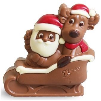 Ickx hollow milk chocolate Santa and reindeer sleigh on a white background