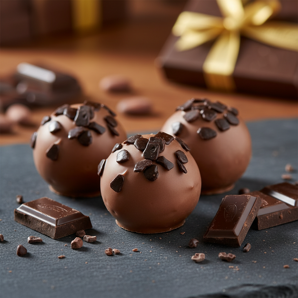Ickx Arkin Irish Cream pralines with dark chocolate pieces on a slate board