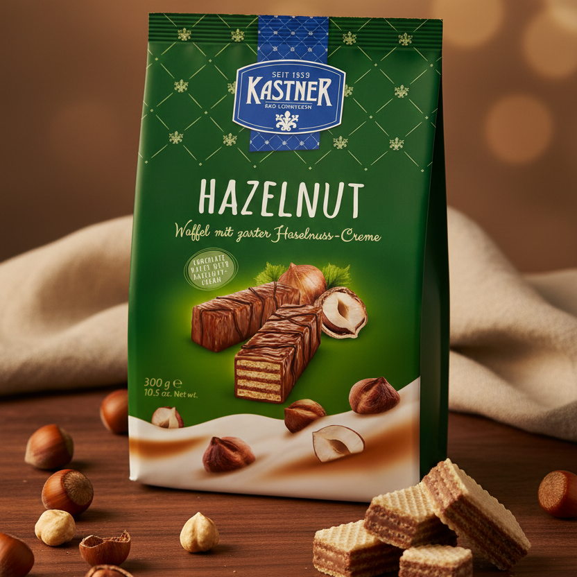 Kastner Hazelnut Mignon Wafers, 300 g green package with wafers and hazelnuts