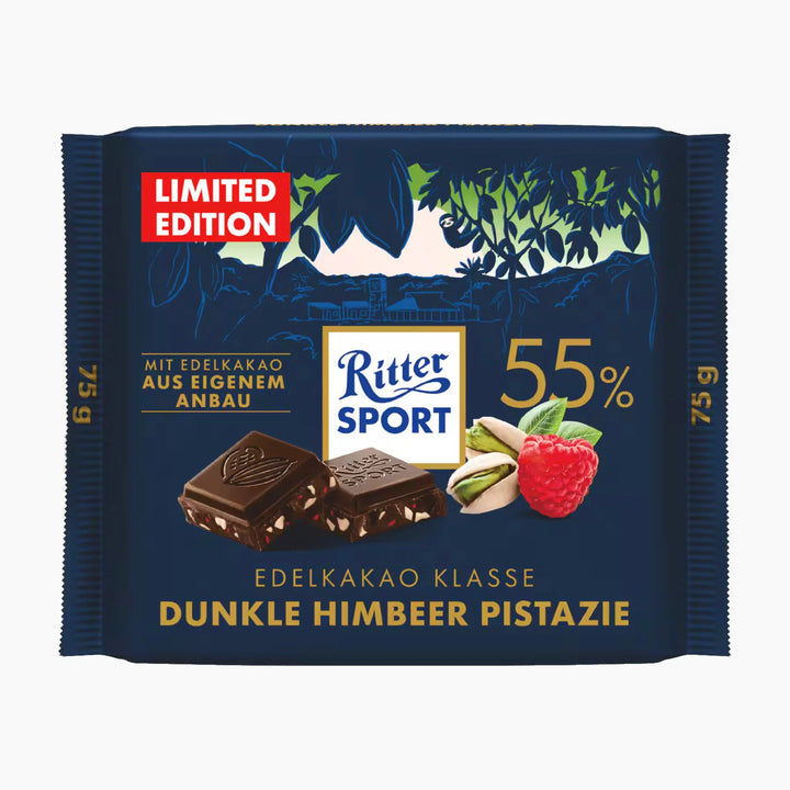 Ritter Sport Fine Cocoa 55% dark chocolate with raspberry and pistachio, 75 g package