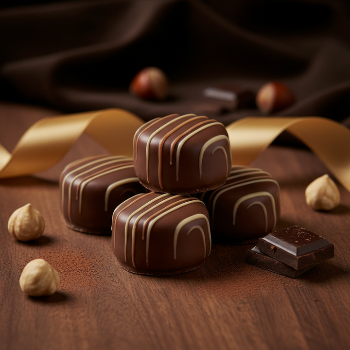 Ickx Honey and Crunch pralines with pale chocolate stripes on a wooden table