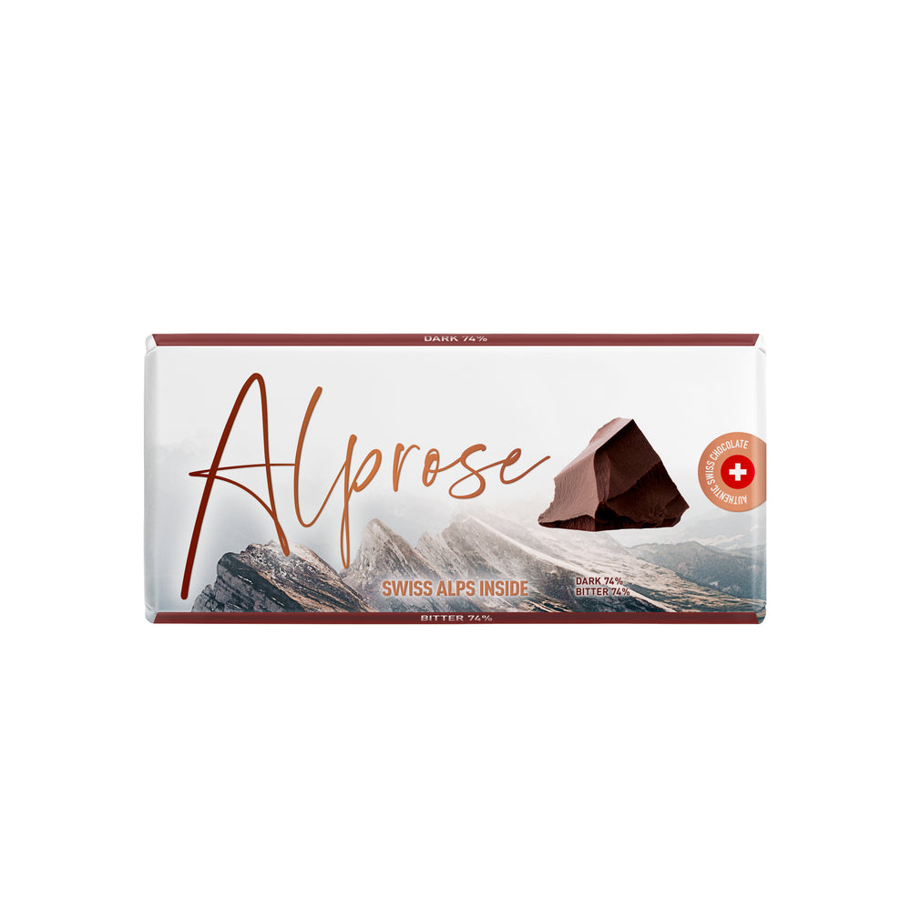 Alprose 74% dark chocolate, 100 g package on white