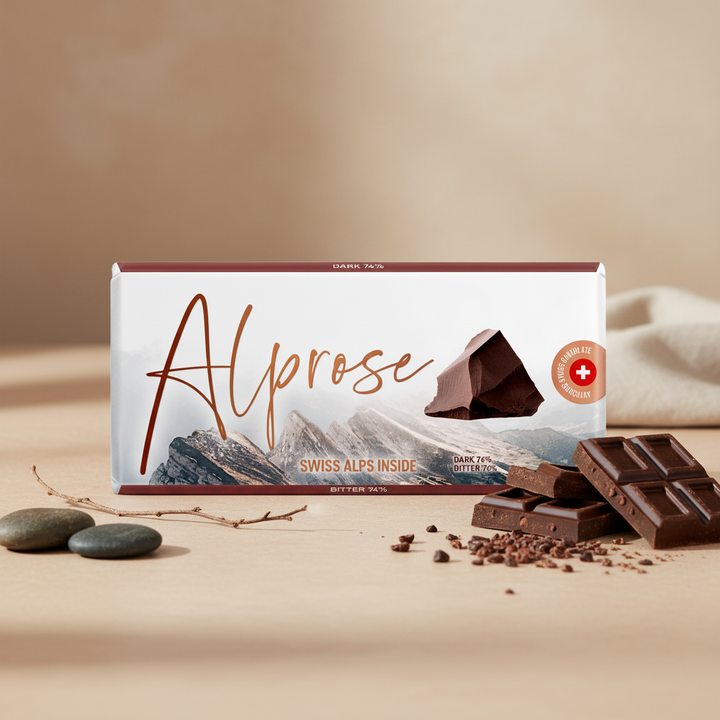 Alprose 74% dark chocolate, 100 g bar displayed with chocolate pieces