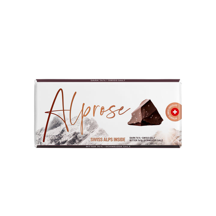 Alprose 74% dark chocolate with Swiss salt, 100 g package on white