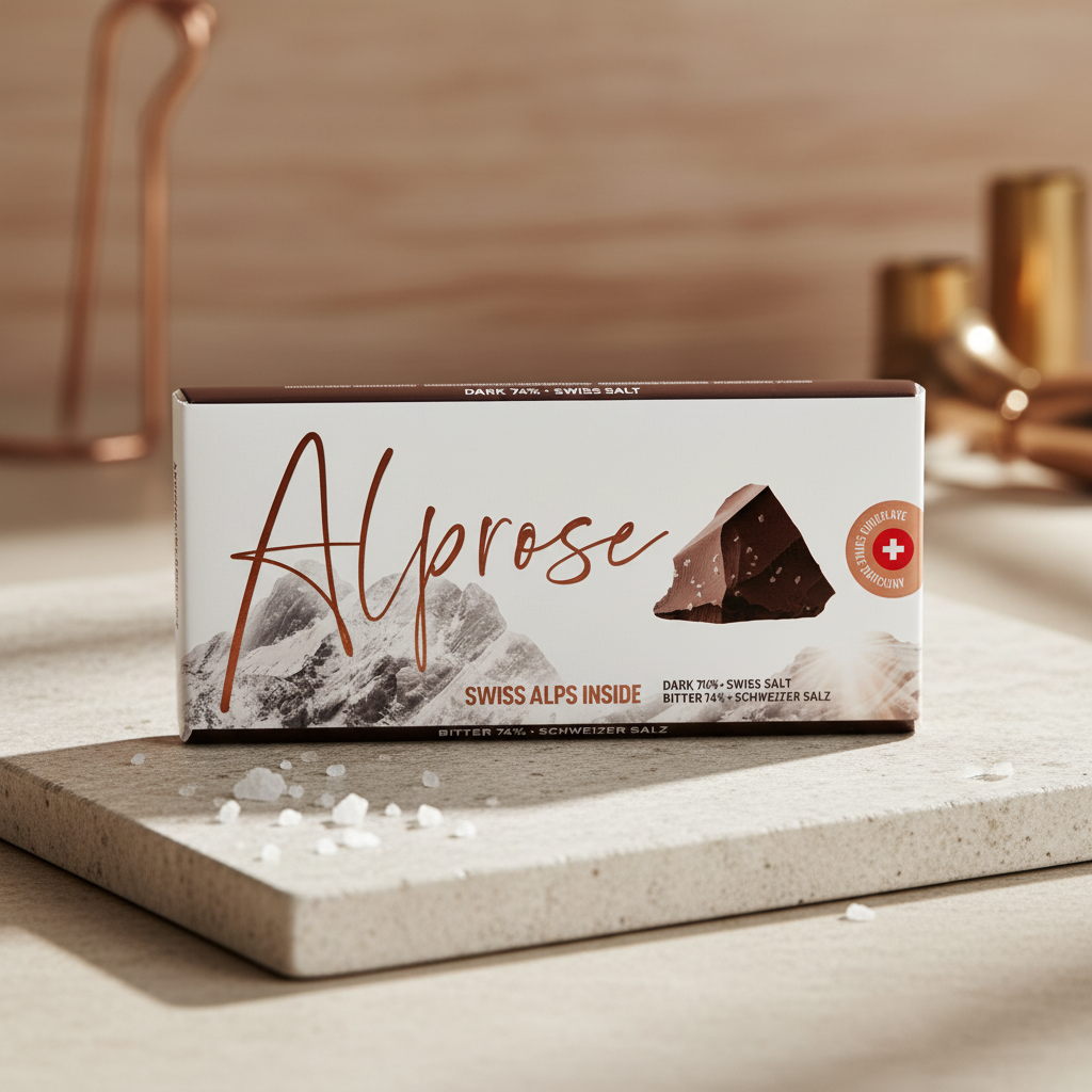 Alprose 74% dark chocolate with Swiss salt, 100 g bar displayed with salt crystals