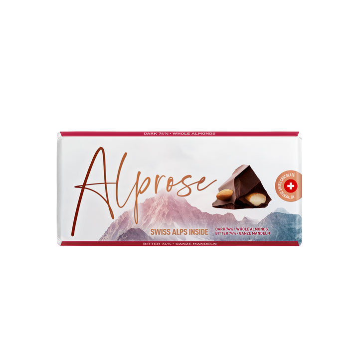 Alprose 74% dark chocolate with whole almonds, 100 g package on white