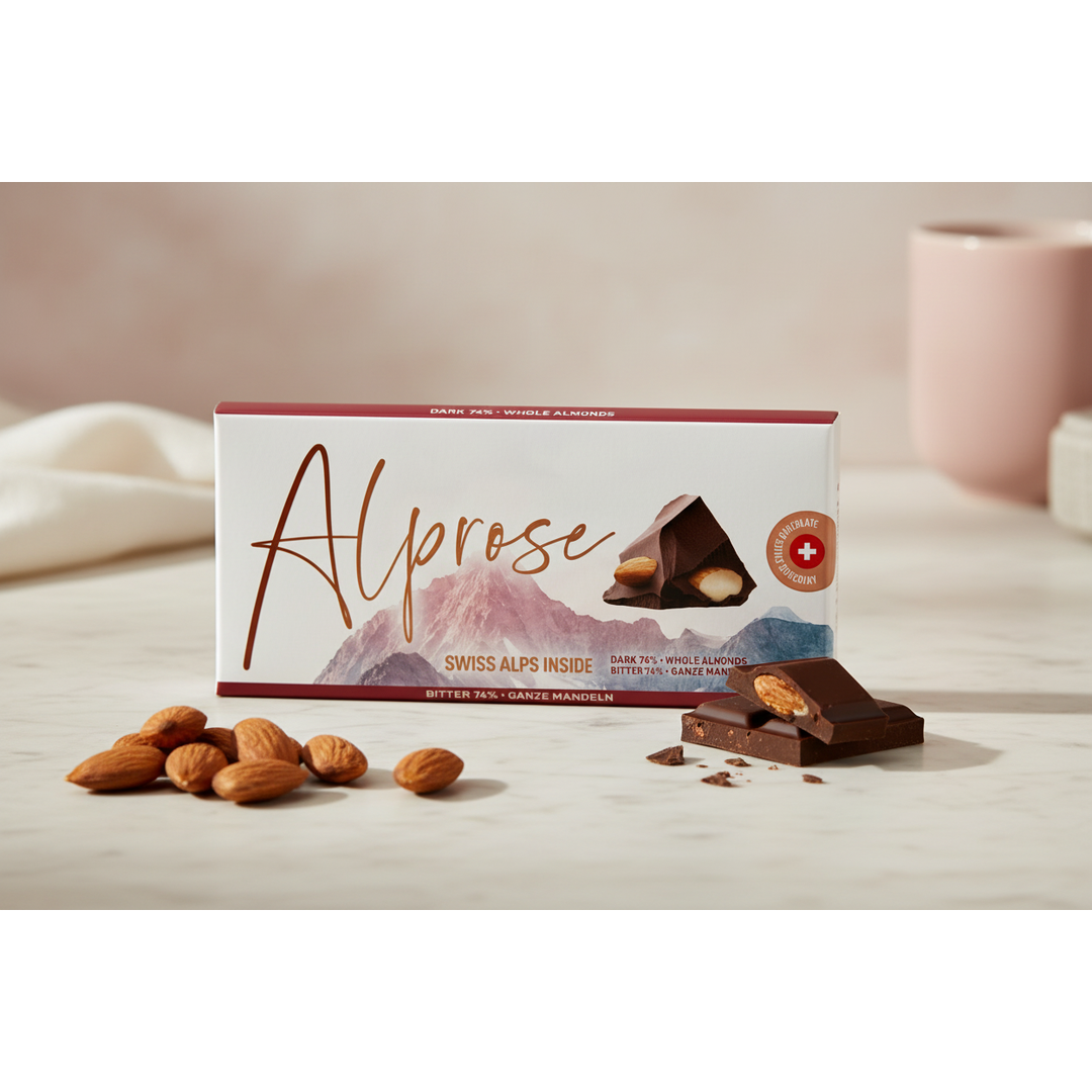 Alprose 74% dark chocolate with whole almonds, 100 g bar displayed with almonds
