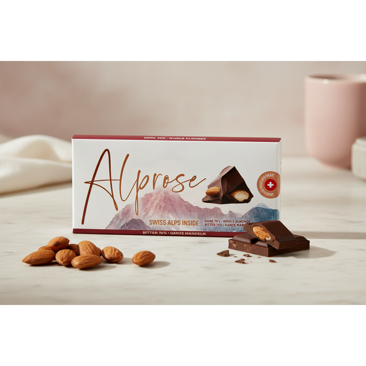 Alprose 74% dark chocolate with whole almonds, 100 g bar displayed with almonds