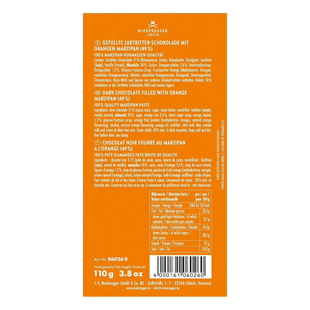 Niederegger Dark Chocolate Bar Filled with Orange Marzipan