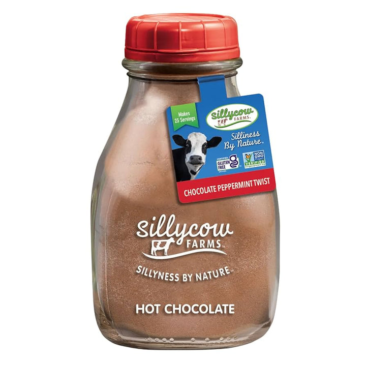 Sillycow Farms Peppermint Twist Hot Chocolate mix in a glass milk bottle