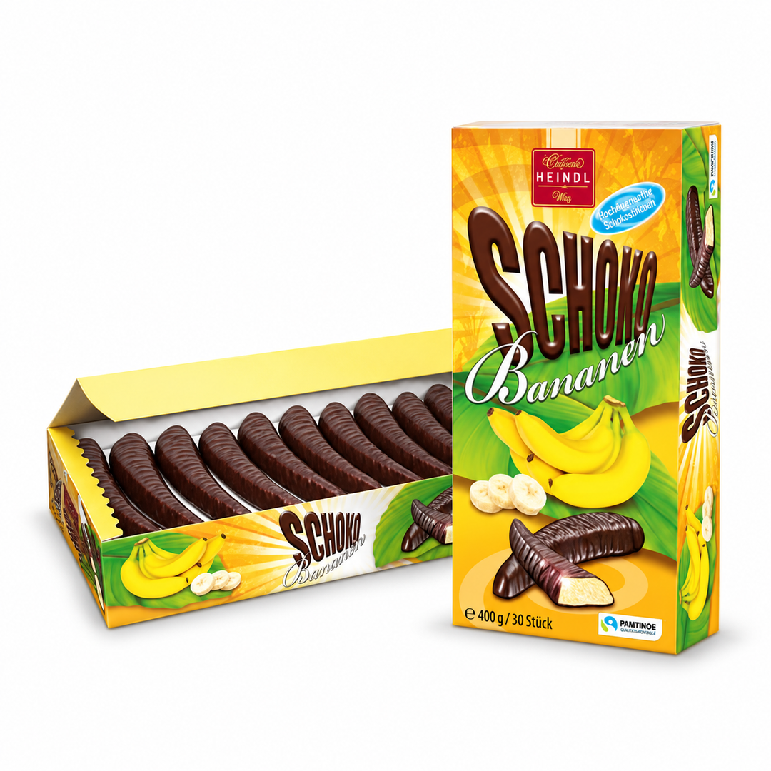 Heindl Schoko Banana 400 g box and open tray on white