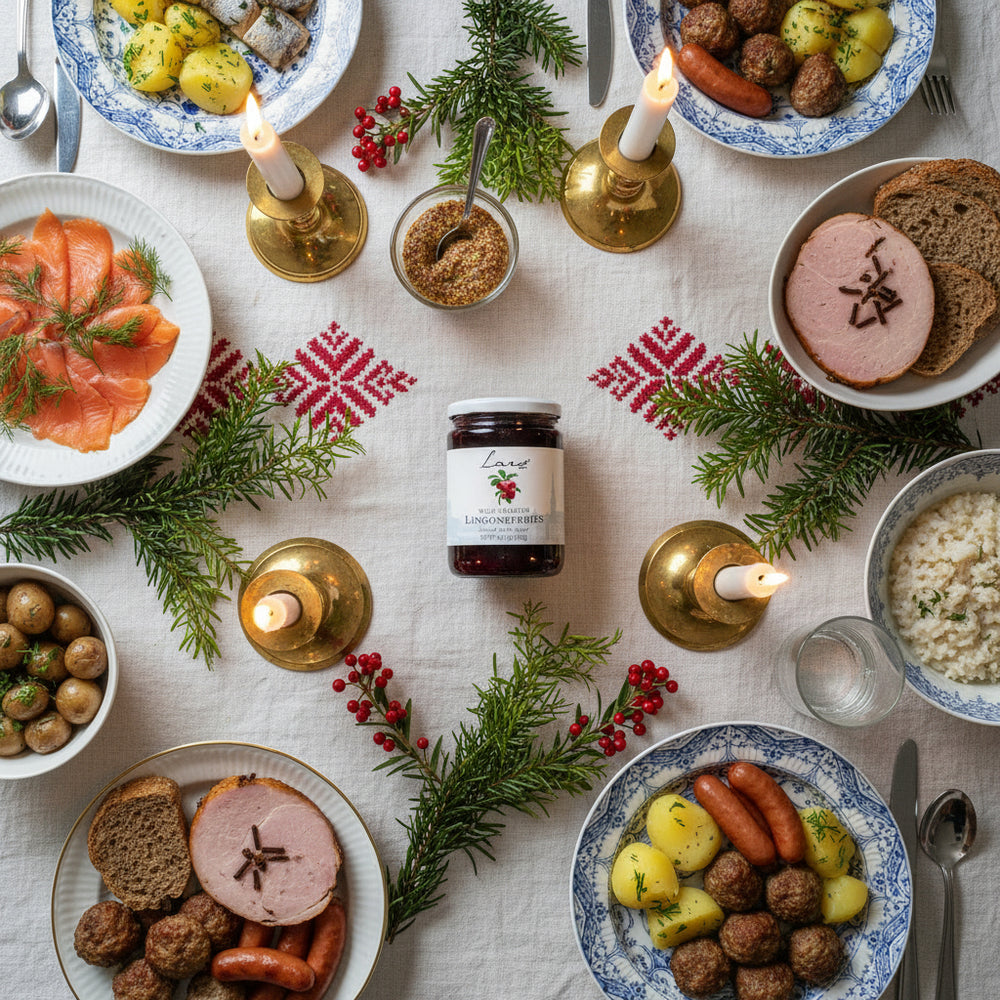 Lars Own Wild Swedish Lingonberries jam jar on a holiday meal table