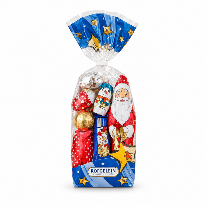 Riegelein assorted milk chocolate holiday figurines in 400 g bag on white background