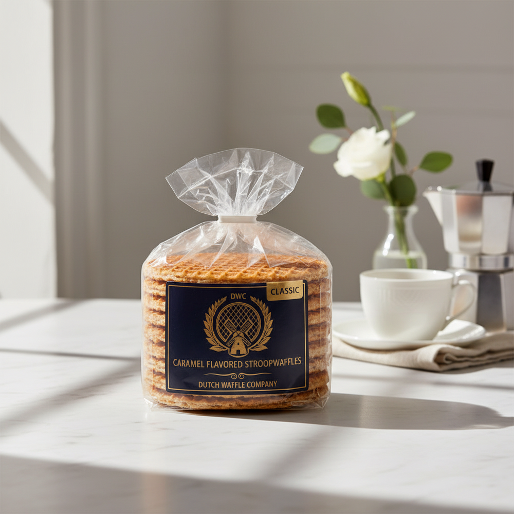Dutch Waffle Company 8-pack caramel stroopwafels in a kitchen scene