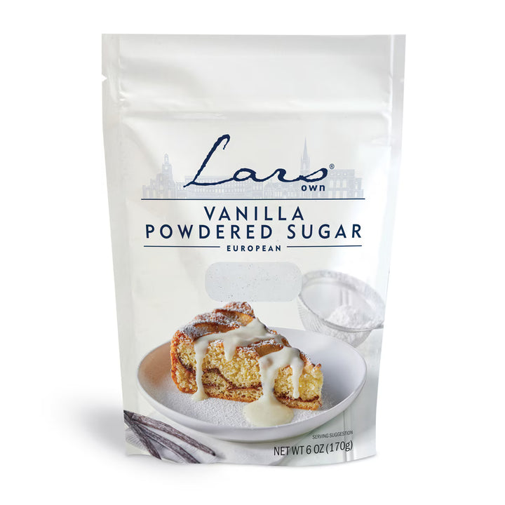 Package of Lars' Own Vanilla Powdered Sugar with a dessert image on a white background