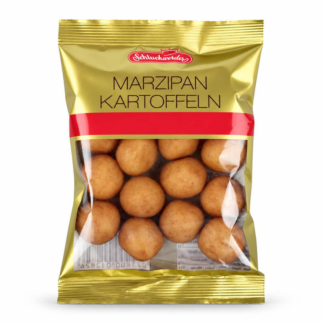 Schluckwerder Marzipan Potatoes, 100 g gold bag on white