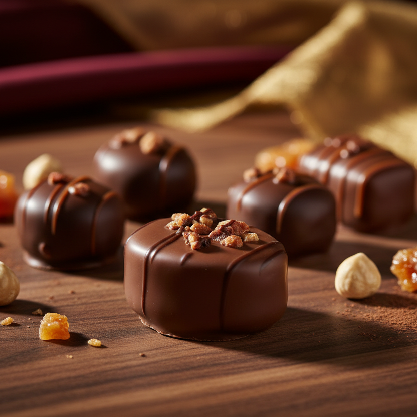 Ickx Cernotti walnut and pecan pralines with chopped nut topping on a wooden table