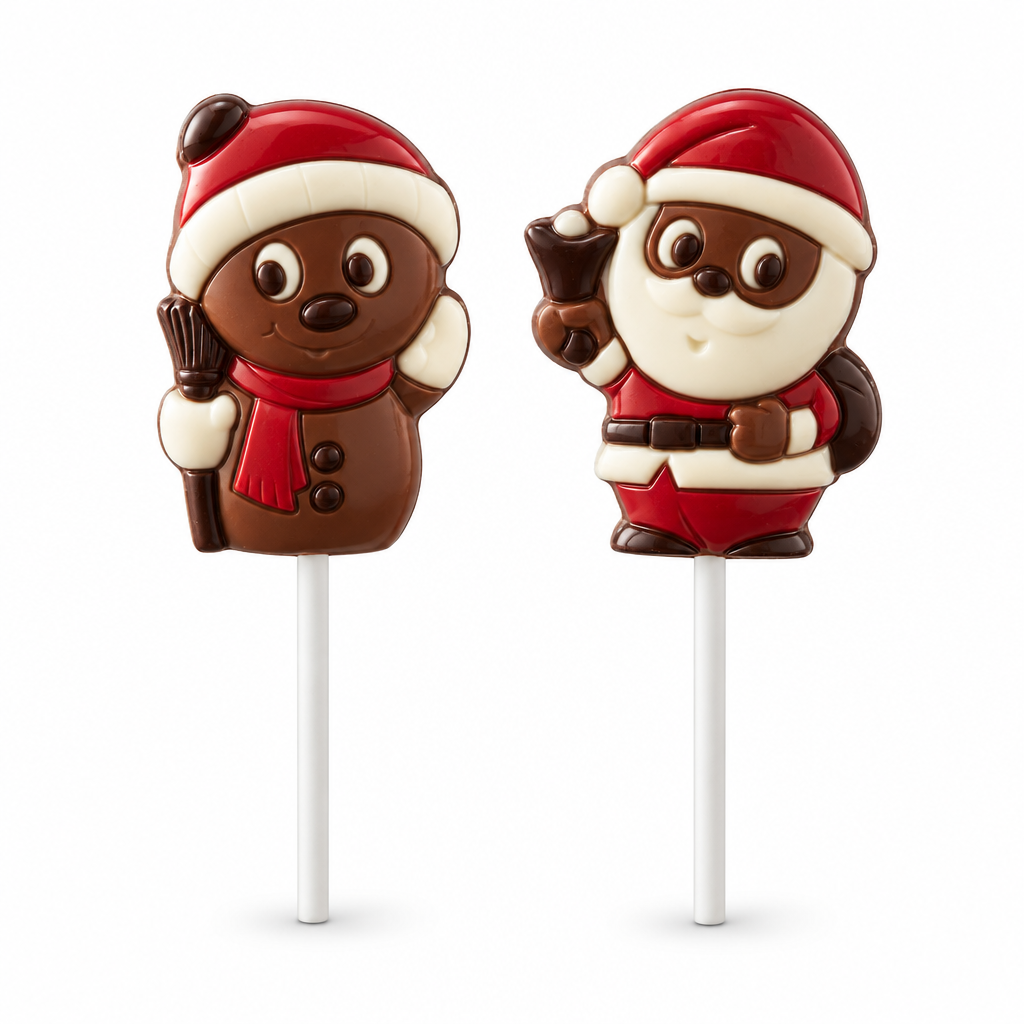 Ickx Snowman and Santa chocolate lollipops on a white background