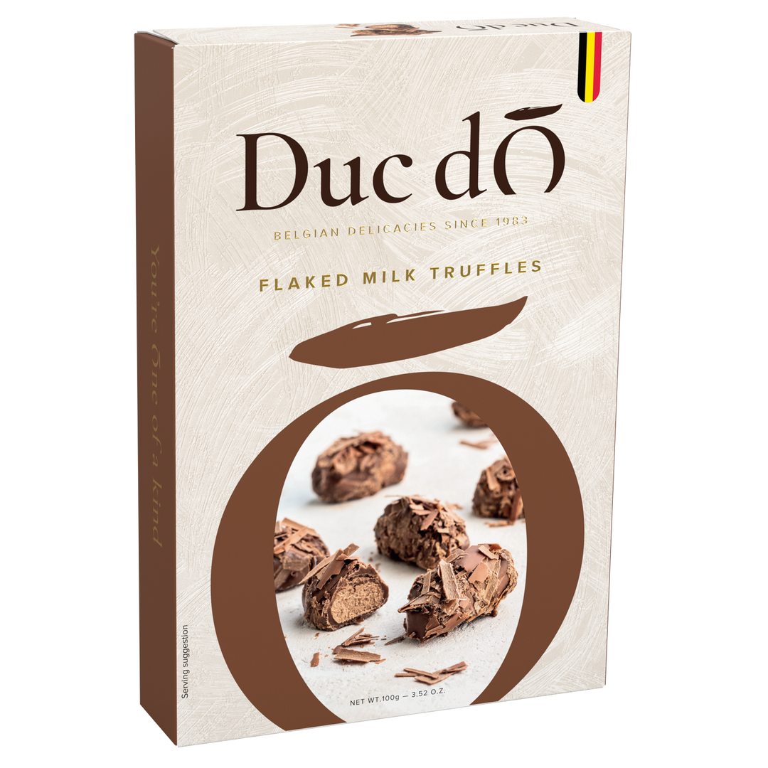 Duc d’O milk flaked truffles, 100 g brown and white box
