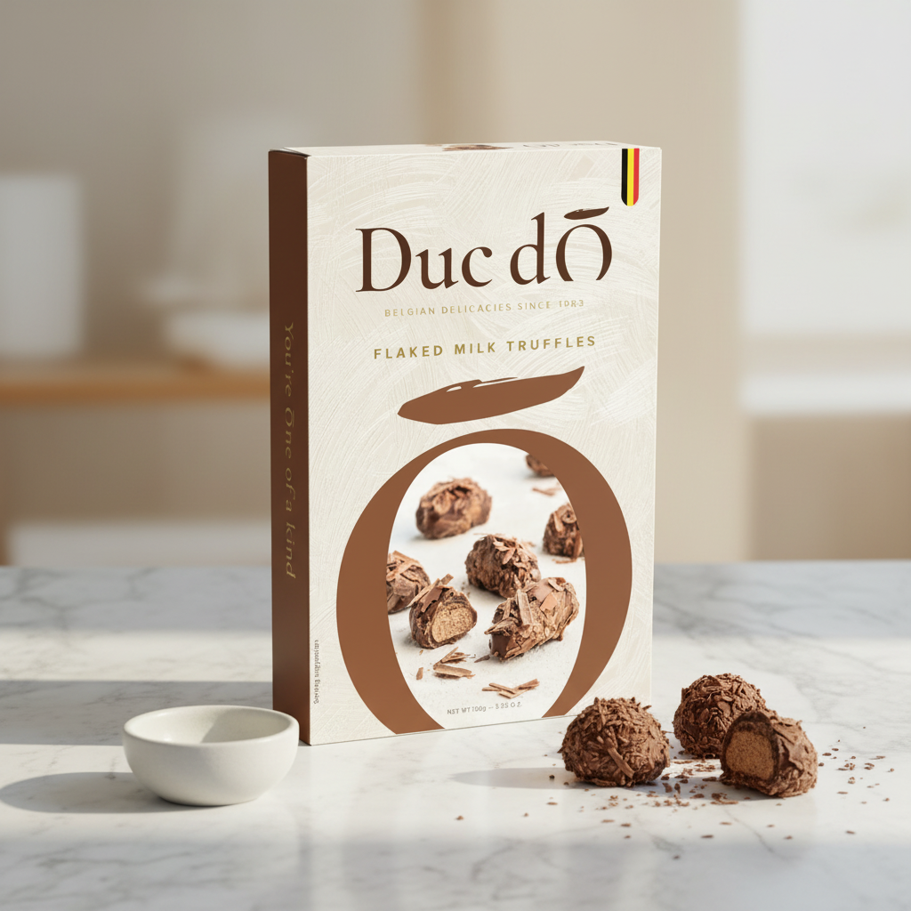 Duc d’O milk flaked truffles, 100 g box with truffles and coffee