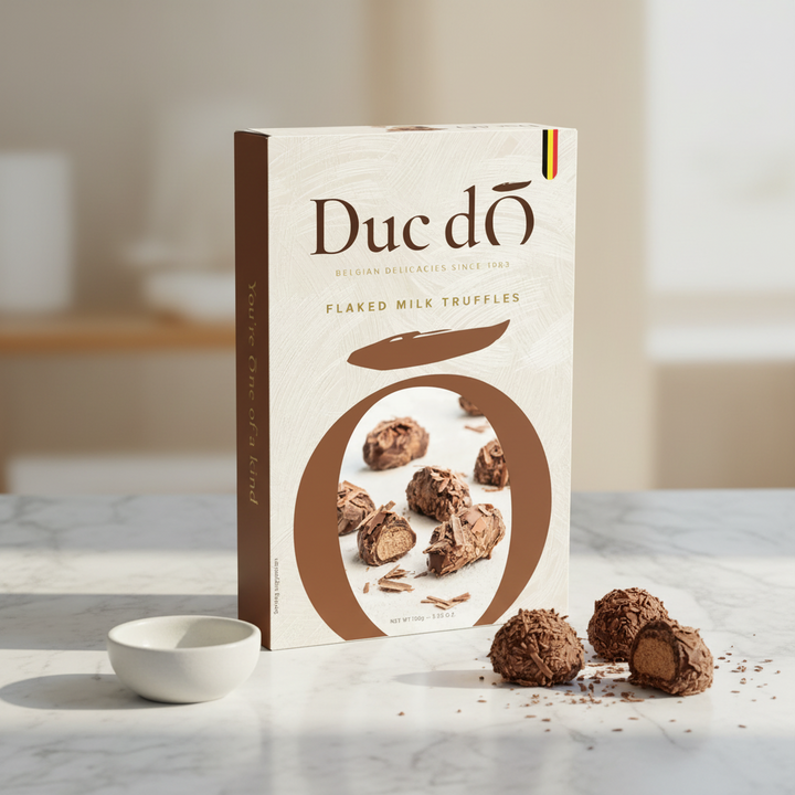 Duc d’O milk flaked truffles, 100 g box with truffles and coffee