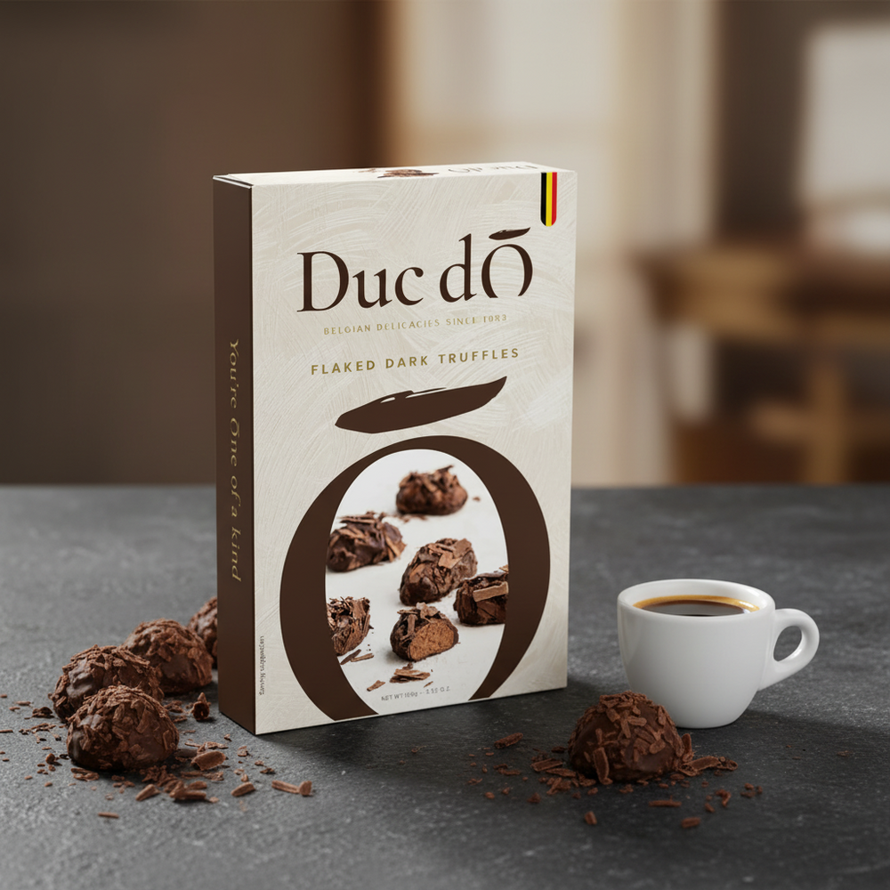 Duc d’O dark flaked truffles, 100 g box with truffles and coffee