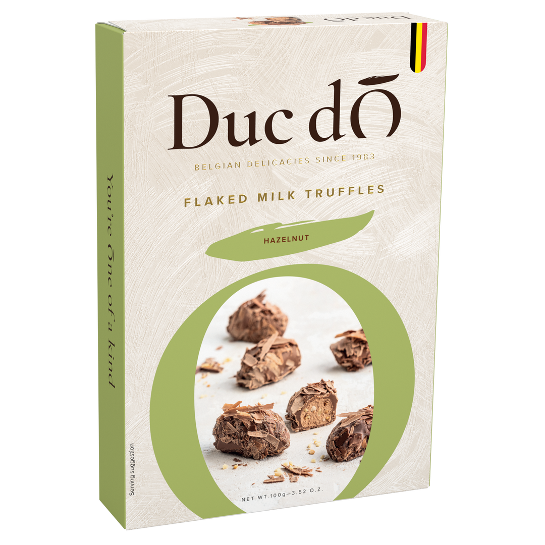 Duc d’O milk hazelnut flaked truffles, 100 g green and white box