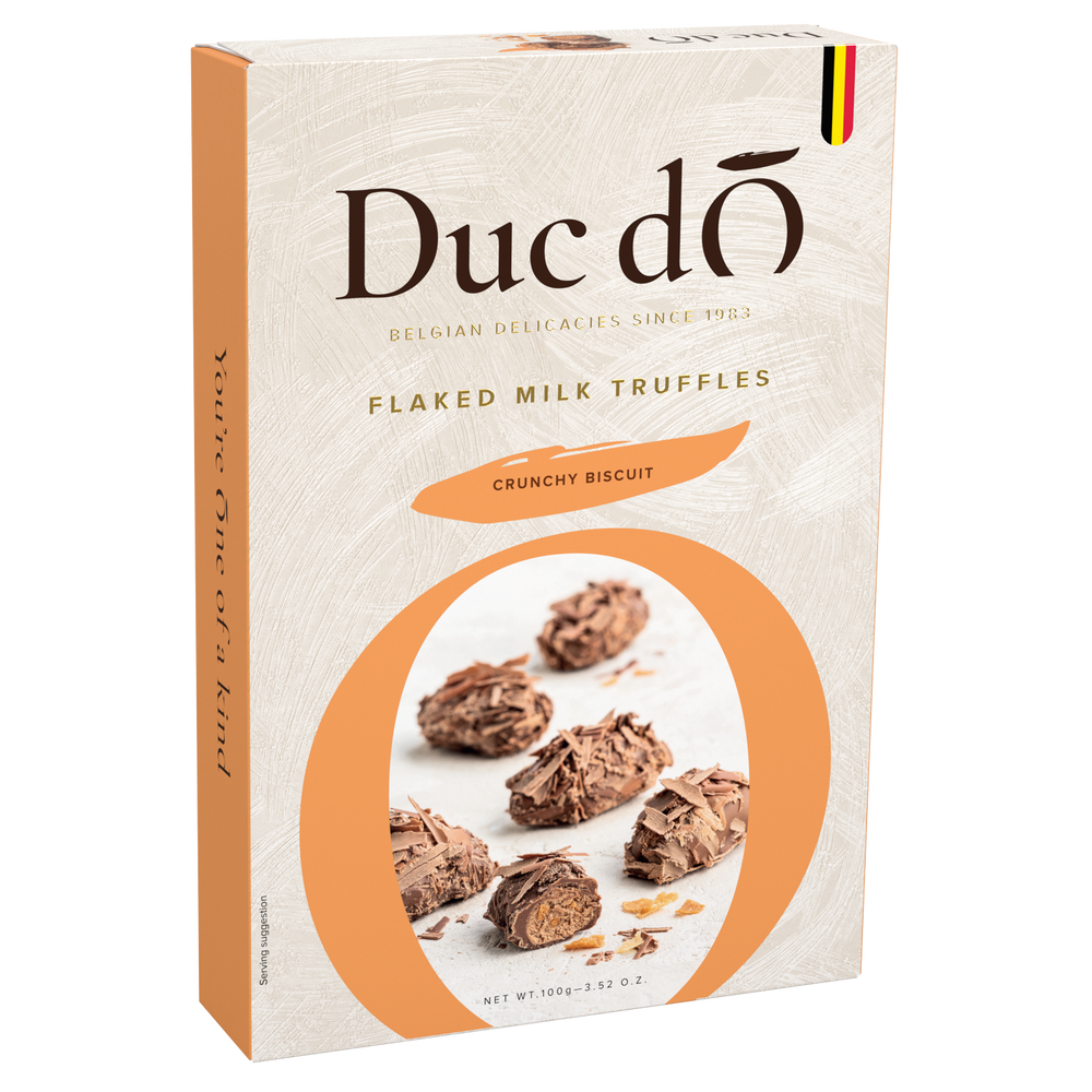 Duc d’O milk crunchy biscuit flaked truffles, 100 g orange and white box